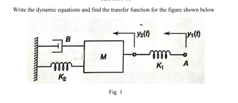 Write the dynamic equations and find the transfer function for the figure shown below
Y2()
B
lll
K2
K,
A
Fig. 1
