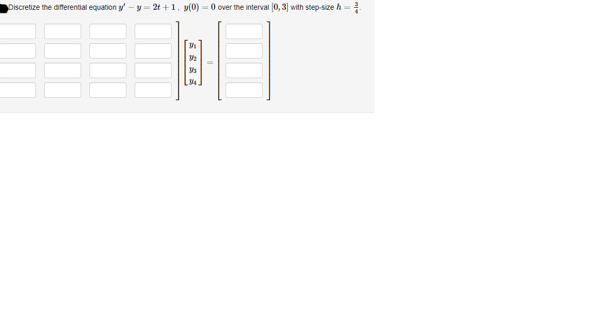 Discretize the differential equation y'
y = 2t +1, y(0)
O over the interval [0, 3] with step-size h =
Y3
Y4
