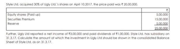 style Ltd. acquired 30% of Ugly Ltd.'s shares on April 10.2017. the price paid was t 20.00.000.
Equity shares (Paid up)
5,00,000
Securities Premium
15.00,000
Reserve
5.00.000
25.00.000
Further, Ugly Ltd reported a net income of 13,00.000 and paid dividends of t1,00,000. Style Ltd. has subsidiary on
31.3.17. Calculate the amaunt at which the investment in Ugly Ltd should be shown in the consolidated Balance
Sheet of Style Ltd. as on 31.3,17.
