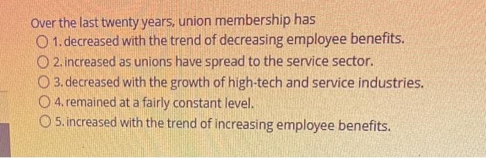 Over the last twenty years, union membership has
01. decreased with the trend of decreasing employee benefits.
2. increased as unions have spread to the service sector.
3. decreased with the growth of high-tech and service industries.
4. remained at a fairly constant level.
5. increased with the trend of increasing employee benefits.