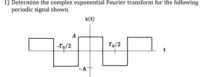 1) Determine the complex exponential Fourier transform for the following
periodic signal shown.
x(t)
A
-To/2
To/2
-AT
