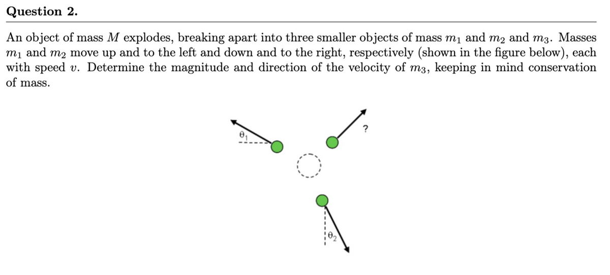 Question 2.
An object of mass M explodes, breaking apart into three smaller objects of mass m1 and
mị and m2 move up and to the left and down and to the right, respectively (shown in the figure below), each
with speed v. Determine the magnitude and direction of the velocity of m3, keeping in mind conservation
m2
and m3. Masses
of mass.
