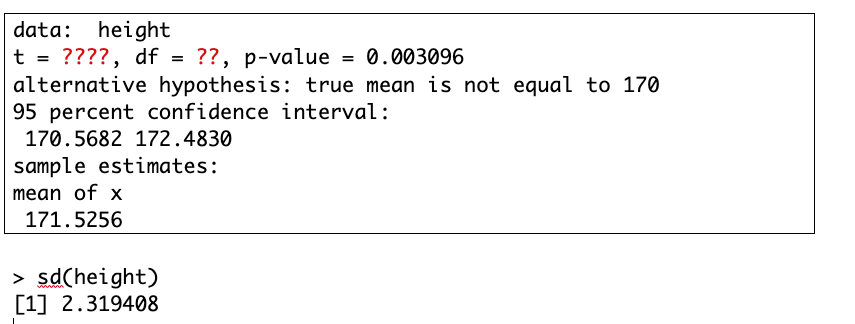 data: height
t = ????, df =
alternative hypothesis: true mean is not equal to 170
95 percent confidence interval:
170.5682 172.4830
??, p-value
= 0.003096
sample estimates:
mean of x
171.5256
> sd(height)
[1] 2.319408
