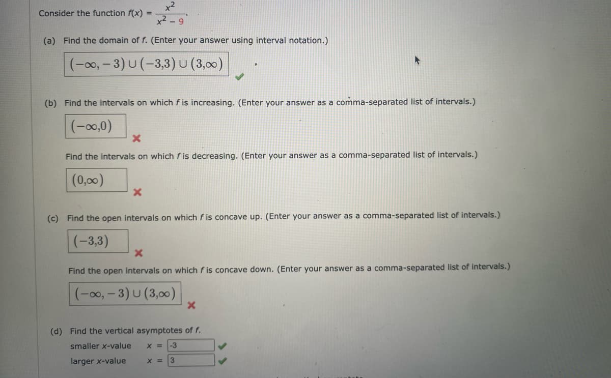 Consider the function f(x) =
x2 - 9
(a) Find the domain of f. (Enter your answer using interval notation.)
(-00, – 3) U (-3,3)U(3,00)
(b) Find the intervals on which f is increasing. (Enter your answer as a comma-separated list of intervals.)
(-00,0)
Find the intervals on which f is decreasing. (Enter your answer as a comma-separated list of intervals.)
(0,00)
(c) Find the open intervals on which f is concave up. (Enter your answer as a comma-separated list of intervals.)
(-3,3)
Find the open intervals on which f is concave down. (Enter your answer as a comma-separated list of intervals.)
(-00, - 3) U (3,00)
(d) Find the vertical asymptotes of f.
smaller x-value
X =
-3
larger x-value
3
X =
