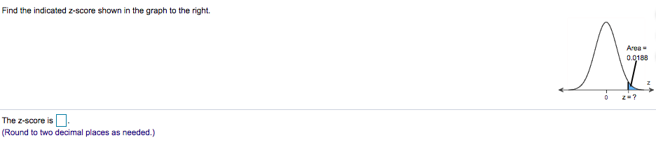 Find the indicated z-score shown in the graph to the right.
Area =
0.0188
z = ?
The z-score is
(Round to two decimal places as needed.)
