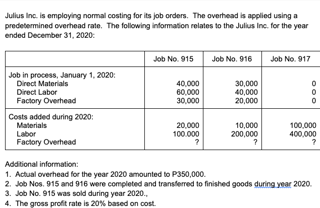Julius Inc. is employing normal costing for its job orders. The overhead is applied using a
predetermined overhead rate. The following information relates to the Julius Inc. for the year
ended December 31, 2020:
Job No. 915
Job No. 916
Job No. 917
Job in process, January 1, 2020:
Direct Materials
40,000
60,000
30,000
30,000
40,000
20,000
Direct Labor
Factory Overhead
Costs added during 2020:
Materials
20,000
100.000
?
10,000
200,000
?
100,000
400,000
?
Labor
Factory Overhead
Additional information:
1. Actual overhead for the year 2020 amounted to P350,000.
2. Job Nos. 915 and 916 were completed and transferred to finished goods during year 2020.
3. Job No. 915 was sold during year 2020.,
4. The gross profit rate is 20% based on cost.
