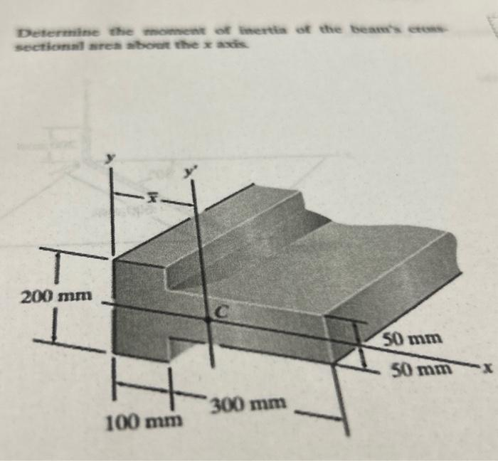 Determine the moment of inertia of the beam's cross-
sectional area about the x axis
T
200 mm
Į
X
100 mm
C
300 mm
50 mm
50 mm
x