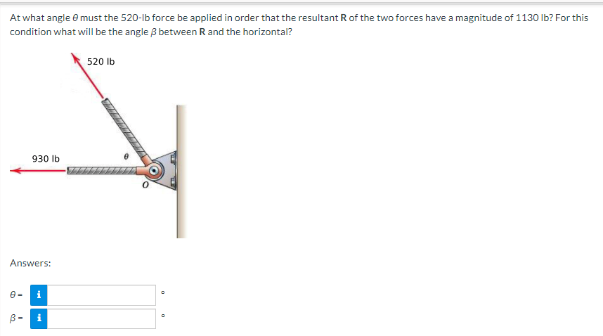 At what angle e must the 520-lb force be applied in order that the resultant R of the two forces have a magnitude of 1130 Ib? For this
condition what will be the angle ß between R and the horizontal?
520 Ib
930 lb
Answers:
e =
i
B =
i
