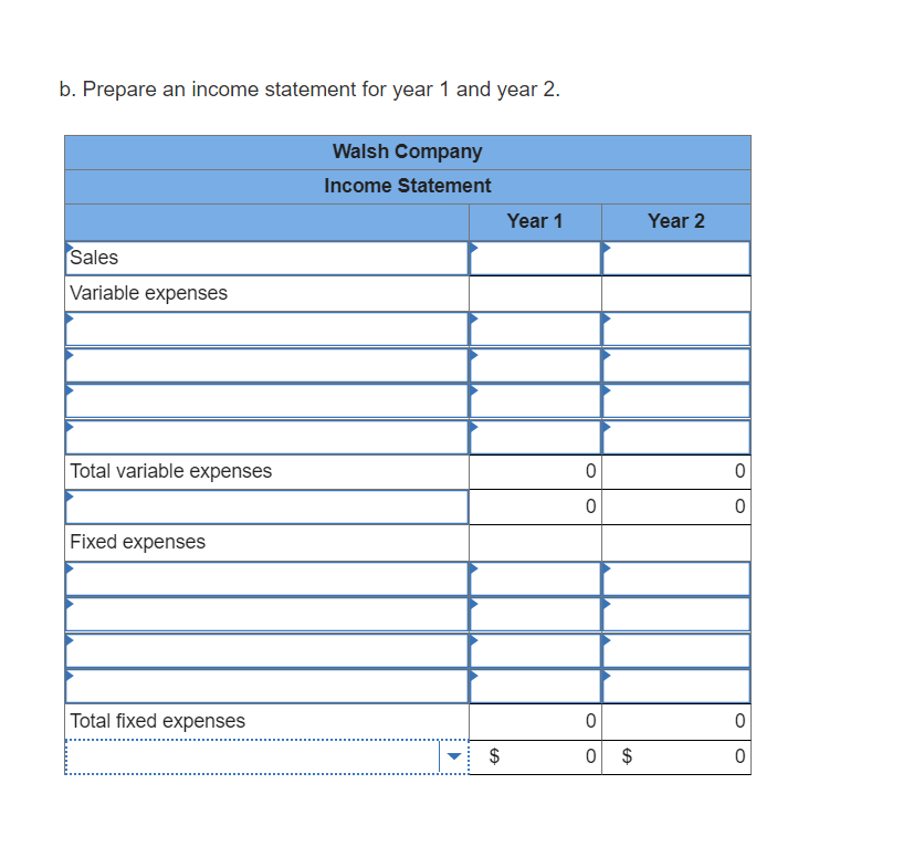b. Prepare an income statement for year 1 and year 2.
Walsh Company
Income Statement
Year 1
Year 2
Sales
Variable expenses
Total variable expenses
Fixed expenses
Total fixed expenses
$
%24
%24
