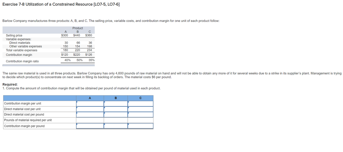 Exercise 7-8 Utilization of a Constrained Resource [LO7-5, L07-6]
Barlow Company manufactures three products: A, B, and C. The selling price, variable costs, and contribution margin for one unit of each product follow:
Product
A
В
C
$300
Selling price
Variable expenses:
Direct materials
Other variable expenses
Total variable expenses
$440
$360
30
66
36
150
154
198
180
220
234
Contribution margin
$120
$220
$126
Contribution margin ratio
40%
50%
35%
The same raw material is used in all three products. Barlow Company has only 4,600 pounds of raw material on hand and will not be able to obtain any more of it for several weeks due to a strike in its supplier's plant. Management is trying
to decide which product(s) to concentrate on next week in filling its backlog of orders. The material costs $6 per pound.
Required:
1. Compute the amount of contribution margin that will be obtained per pound of material used in each product.
A
B
Contribution margin per unit
Direct material cost per unit
Direct material cost per pound
Pounds of material required per unit
Contribution margin per pound
