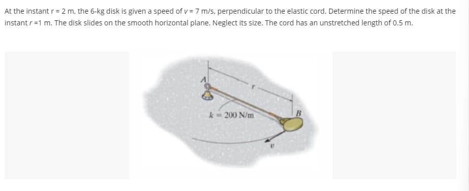 At the instant r = 2 m, the 6-kg disk is given a speed of v = 7 m/s, perpendicular to the elastic cord. Determine the speed of the disk at the
instant r=1 m. The disk slides on the smooth horizontal plane. Neglect its size. The cord has an unstretched length of 0.5 m.
k= 200 N/m
B