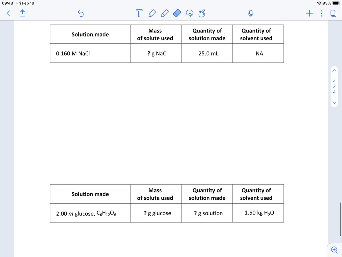 09:48 Fri Feb 19
* 93%
+ :
Mass
Quantity of
Quantity of
solvent used
Solution made
of solute used
solution made
0.160 M NaCI
? g NaCl
25.0 ml
NA
4.
4
Mass
Quantity of
Quantity of
Solution made
of solute used
solution made
solvent used
2.00 m glucose, C,H1206
? g glucose
? g solution
1.50 kg H20
