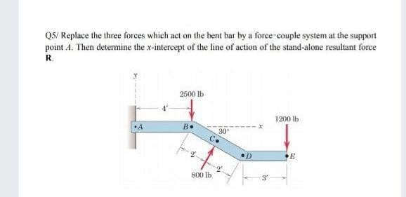 Q5/ Replace the three forces which act on the bent bar by a force-couple system at the support
point A. Then determine the x-intercept of the line of action of the stand-alone resultant force
R.
2500 lb
1200 lb
•A
B.
30
E
800 lb

