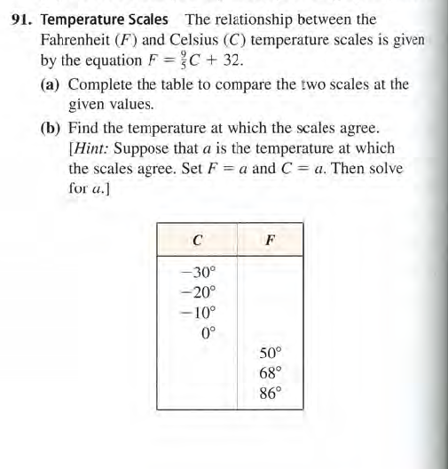 91. Temperature Scales The relationship between the
Fahrenheit (F) and Celsius (C) temperature scales is given
by the equation F =C + 32.
(a) Complete the table to compare the two scales at the
given values.
(b) Find the temperature at which the scales agree.
[Hint: Suppose that a is the temperature at which
the scales agree. Set F = a and C= a. Then solve
for a.]
C
F
-30°
-20°
-10°
0°
50°
68°
86°
