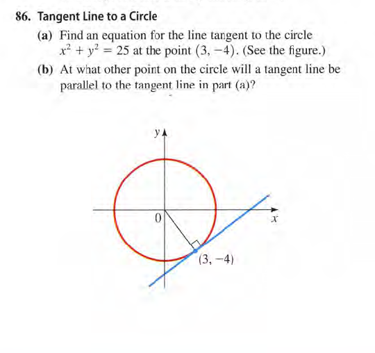 86. Tangent Line to a Circle
(a) Find an equation for the line tangent to the circle
x? + y? = 25 at the point (3, -4). (See the figure.)
(b) At what other point on the circle will a tangent line be
parallel to the tangent line in part (a)?
yA
(3,-4)
