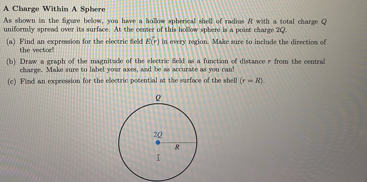 A Charge Within A Sphere
As shown in the figure below, you have a hollow spherical shell of radius R with a total charge Q
uniformly spread over its surface. At the center of this hollow sphere is a point charge 2Q.
(a) Find an expression for the electric field E(r) in every region. Make sure to include the direction of
the vector!
(b) Draw a graph of the magnitude of the electric field as a function of distance r from the central
charge. Make sure to label your axes, and be as accurate as you can!
(c) Find an expression for the electric potential at the surface of the shell (r = R).
20
