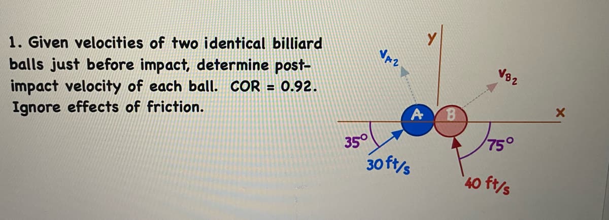 1. Given velocities of two identical billiard
balls just before impact, determine post-
impact velocity of each ball. COR = 0.92.
Ignore effects of friction.
V82
%3D
A
35°
75°
30 ft/s
40 ft/s
