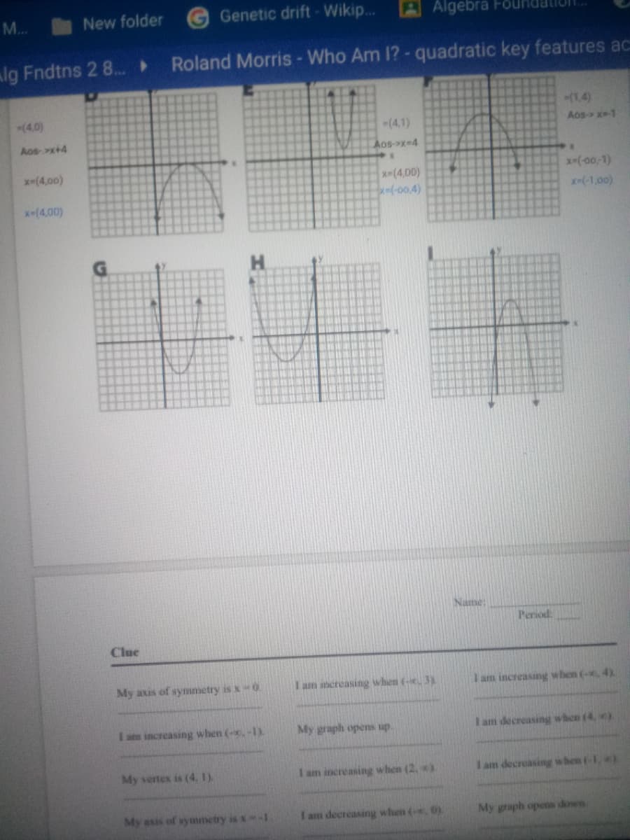 ..
New folder
Genetic drift - Wikip..
A Algebra FöundatiuI
alg Fndtns 2 8..
Roland Morris -Who Am 1? - quadratic key features ac:
(1,4)
Aos> x-1
(4,0)
(4,1)
Aosx+4
Aos->x-4
x-(4,00)
x(-00,1)
x-(4,00)
-(-00,4)
x-(-1,00)
x-(4,00)
Name:
Period
Clue
My axis of symmetry is x0
I am ncreasing when (-3
Tam increasing when (- 4)
Ia increasing when (-, -)
My graph opens up.
I am decreasing when (4,
My vertex is (4, 1)
I am increasing when (2,
I am decreasing when (-1
My axis of symmetry is -1
I am decreasing when (. O)
My graph opens down
