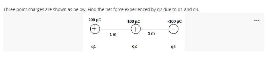 Three point charges are shown as below. Find the net force experienced by q2 due to q1 and q3.
200 με
100 με
-100 με
(+
+
q1
1m
q2
1m
93