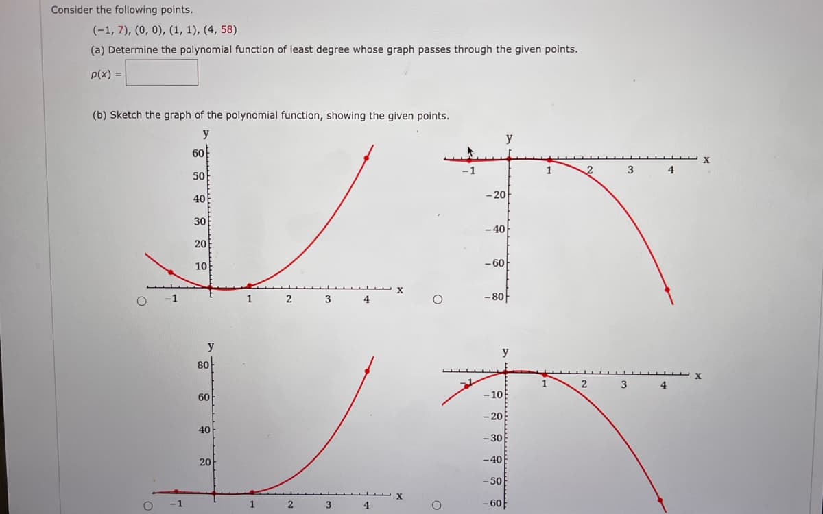 Consider the following points.
(-1, 7), (0, 0), (1, 1), (4, 58)
(a) Determine the polynomial function of least degree whose graph passes through the given points.
p(x) =
(b) Sketch the graph of the polynomial function, showing the given points.
y
-1
-1
60
50
40
30
20
10
y
80
60
40
20
1
1
2
2
3
3
4
4
X
-20
-40
y
-60
-80-
y
-10
-20
-30
-40
-50
-60
1
2
3
3
4
4
X
X