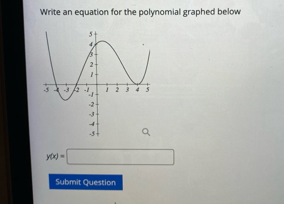 Write an equation for the polynomial graphed below
5+
y(x) =
4
3
2
1+
-5 -4 -3 -2 -1
-1
12
-2+
-3-
-4
-5 +
5
1 2
Submit Question
3 4 5
Q