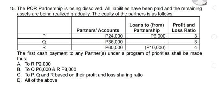 15. The PQR Partnership is being dissolved. All liabilities have been paid and the remaining
assets are being realized gradually. The equity of the partners is as follows:
Loans to (from)
Partnership
P6,000
Profit and
Partners' Accounts
P24,000
P36,000
P60,000
The first cash payment to any Partner(s) under a program of priorities shall be made
Loss Ratio
3
4
R
(P10,000)
thus:
A. To R P2,000
B. To Q P6,000 &R P8,000
C. To P, Q and R based on their profit and loss sharing ratio
D. All of the above
