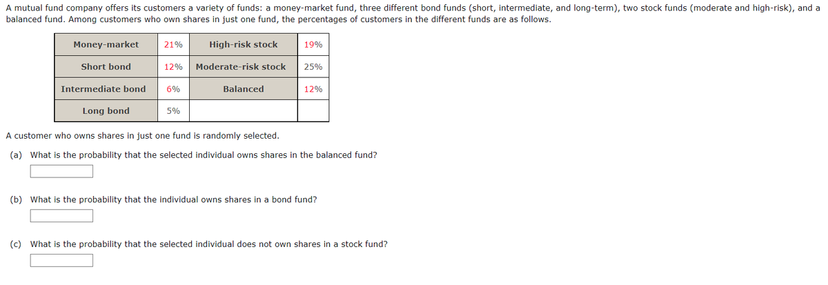 A mutual fund company offers its customers a variety of funds: a money-market fund, three different bond funds (short, intermediate, and long-term), two stock funds (moderate and high-risk), and a
balanced fund. Among customers who own shares in just one fund, the percentages of customers in the different funds are as follows.
Money-market
21%
High-risk stock
19%
Short bond
12%
Moderate-risk stock
25%
Intermediate bond
6%
Balanced
12%
Long bond
5%
A customer who owns shares in just one fund is randomly selected.
(a) What is the probability that the selected individual owns shares in the balanced fund?
(b) What is the probability that the individual owns shares in a bond fund?
(c) What is the probability that the selected individual does not own shares in a stock fund?
