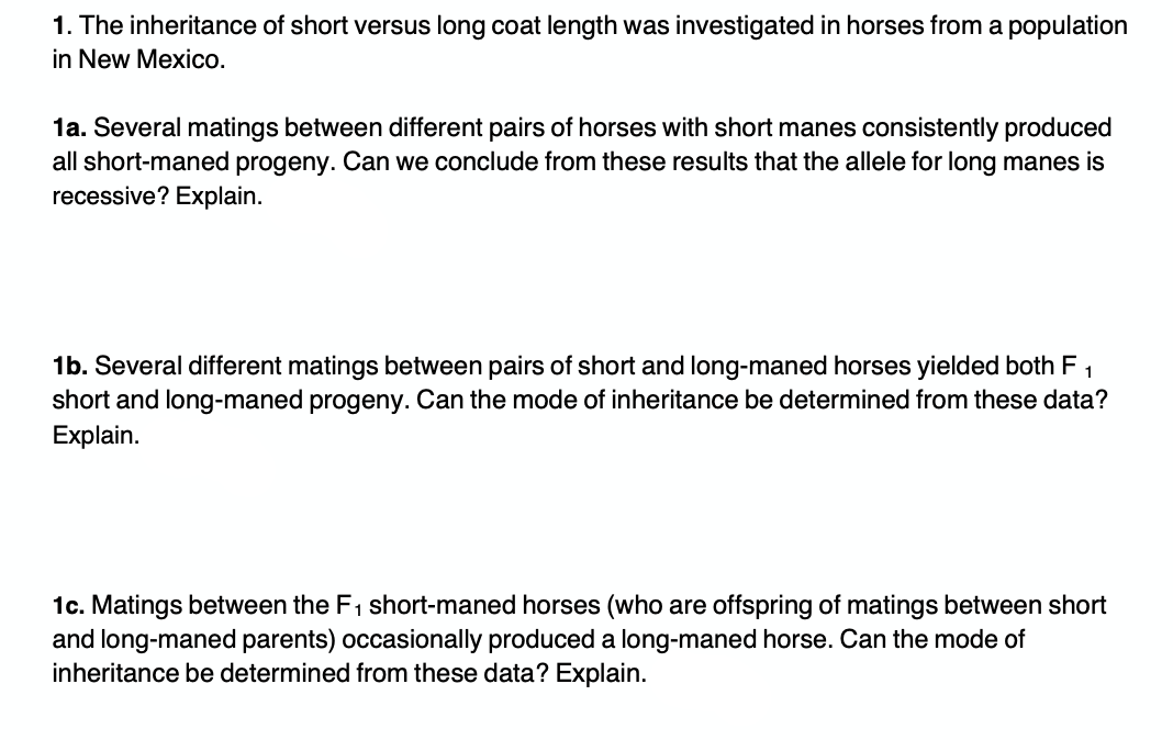 1. The inheritance of short versus long coat length was investigated in horses from a population
in New Mexico.
1a. Several matings between different pairs of horses with short manes consistently produced
all short-maned progeny. Can we conclude from these results that the allele for long manes is
recessive? Explain.
1b. Several different matings between pairs of short and long-maned horses yielded both F 1
short and long-maned progeny. Can the mode of inheritance be determined from these data?
Explain.
1c. Matings between the F1 short-maned horses (who are offspring of matings between short
and long-maned parents) occasionally produced a long-maned horse. Can the mode of
inheritance be determined from these data? Explain.

