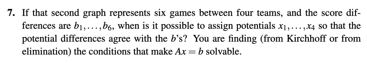 7. If that second graph represents six games between four teams, and the score dif-
ferences are b₁,..., b6, when is it possible to assign potentials x₁,...,x4 so that the
potential differences agree with the b's? You are finding (from Kirchhoff or from
elimination) the conditions that make Ax = b solvable.