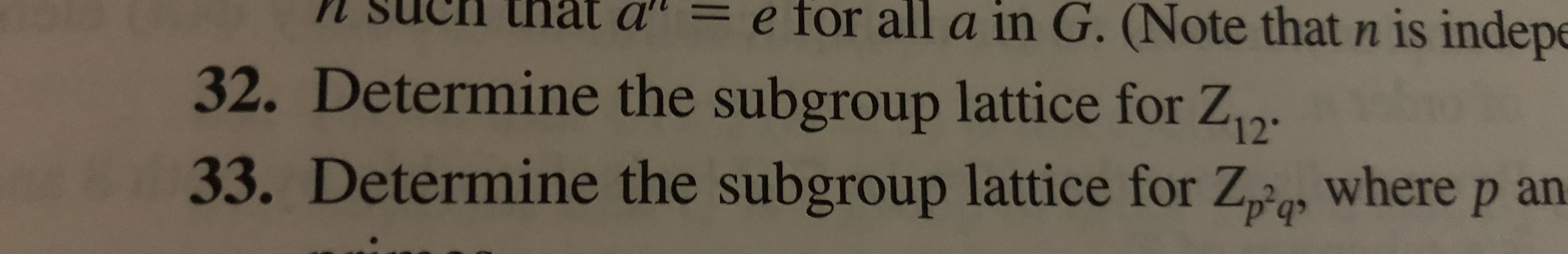 e for all a in G. (Note that n is indep
tnat a
32. Determine the subgroup lattice for Z
33. Determine the subgroup lattice for Za where p an
