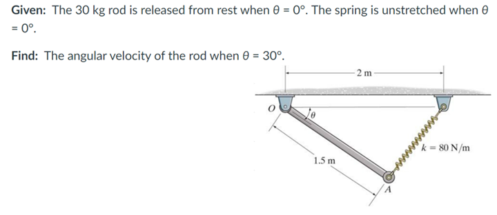 Given: The 30 kg rod is released from rest when 0 = 0°. The spring is unstretched when
= 0°.
Find: The angular velocity of the rod when 0 = 30°.
1.5 m
2 m
k=80 N/m