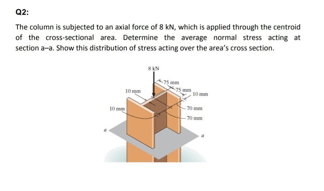 Q2:
The column is subjected to an axial force of 8 kN, which is applied through the centroid
of the cross-sectional area. Determine the average normal stress acting at
section a-a. Show this distribution of stress acting over the area's cross section.
8 kN
75 mm
75 mm
10 mm
10 mm
70 mm
10 mm
70 mm
a
a
