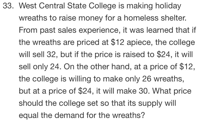 West Central State College is making holiday
wreaths to raise money for a homeless shelter.
From past sales experience, it was learned that if
the wreaths are priced at $12 apiece, the college
will sell 32, but if the price is raised to $24, it will
sell only 24. On the other hand, at a price of $12,
the college is willing to make only 26 wreaths,
but at a price of $24, it will make 30. What price
should the college set so that its supply will
equal the demand for the wreaths?
