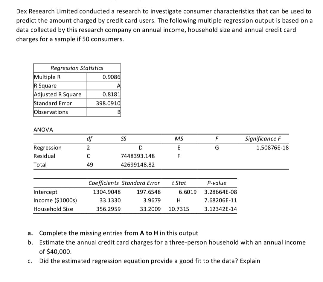 Dex Research Limited conducted a research to investigate consumer characteristics that can be used to
predict the amount charged by credit card users. The following multiple regression output is based on a
data collected by this research company on annual income, household size and annual credit card
charges for a sample if 50 consumers.
Regression Statistics
Multiple R
R Square
Adjusted R Square
Standard Error
0.9086
A
0.8181
398.0910
Observations
B
ANOVA
df
SS
MS
Significance F
Regression
2
D
E
G
1.50876E-18
Residual
7448393.148
F
Total
49
42699148.82
Coefficients Standard Error
t Stat
P-value
Intercept
1304.9048
197.6548
6.6019
3.28664E-08
Income ($1000s)
33.1330
3.9679
H
7.68206E-11
Household Size
356.2959
33.2009
10.7315
3.12342E-14
a. Complete the missing entries from A to H in this output
b.
Estimate the annual credit card charges for a three-person household with an annual income
of $40,000.
с.
Did the estimated regression equation provide a good fit to the data? Explain
