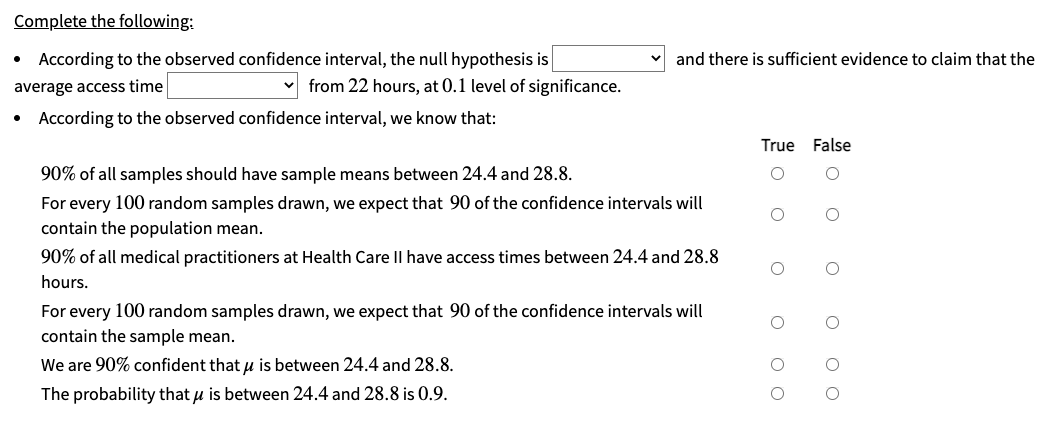 Complete the following:
According to the observed confidence interval, the null hypothesis is
and there is sufficient evidence to claim that the
average access time
from 22 hours, at 0.1 level of significance.
According to the observed confidence interval, we know that:
True False
90% of all samples should have sample means between 24.4 and 28.8.
For every 100 random samples drawn, we expect that 90 of the confidence intervals will
contain the population mean.
90% of all medical practitioners at Health Care Il have access times between 24.4 and 28.8
hours.
For every 100 random samples drawn, we expect that 90 of the confidence intervals will
contain the sample mean.
We are 90% confident that u is between 24.4 and 28.8.
The probability that u is between 24.4 and 28.8 is 0.9.
O O
O o O
