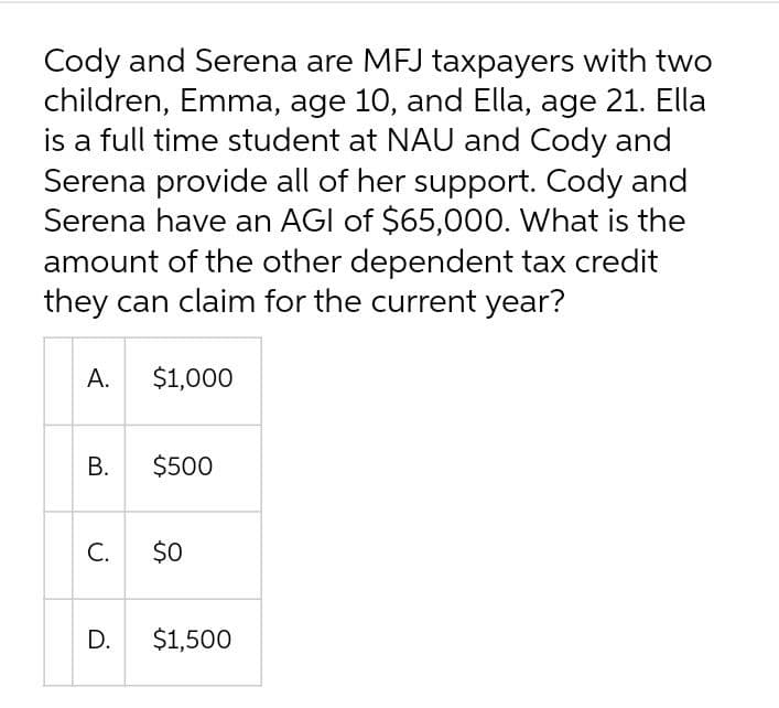 Cody and Serena are MFJ taxpayers with two
children, Emma, age 10, and Ella, age 21. Ella
is a full time student at NAU and Cody and
Serena provide all of her support. Cody and
Serena have an AGI of $65,000. What is the
amount of the other dependent tax credit
they can claim for the current year?
А.
$1,000
В.
$500
С.
$0
D.
$1,500
