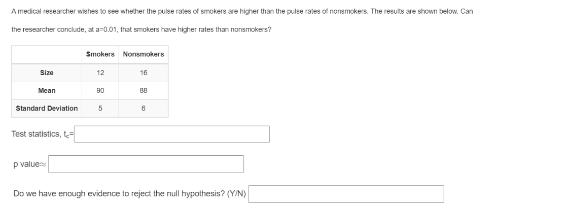 A medical researcher wishes to see whether the pulse rates of smokers are higher than the pulse rates of nonsmokers. The results are shown below. Can
the researcher conclude, at a=0.01, that smokers have higher rates than nonsmokers?
Smokers Nonsmokers
Size
12
16
Mean
90
88
Standard Deviation
6
Test statistics, tc=
p value
Do we have enough evidence to reject the null hypothesis? (Y/N)
