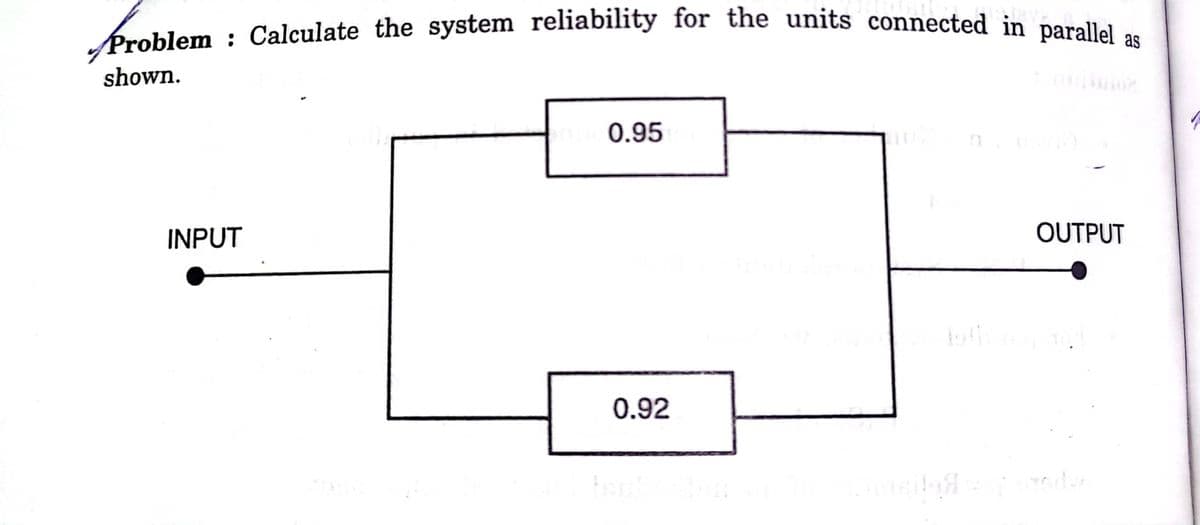 Problem : Calculate the system reliability for the units connected in pob l a
shown.
0.95
INPUT
OUTPUT
0.92
