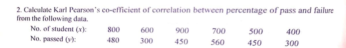 2. Calculate Karl Pearson's co-efficient of correlation between percentage of pass and failure
from the following data.
No, of student (x):
800
600
900
700
500
400
No. passed (v):
480
300
450
560
450
300
