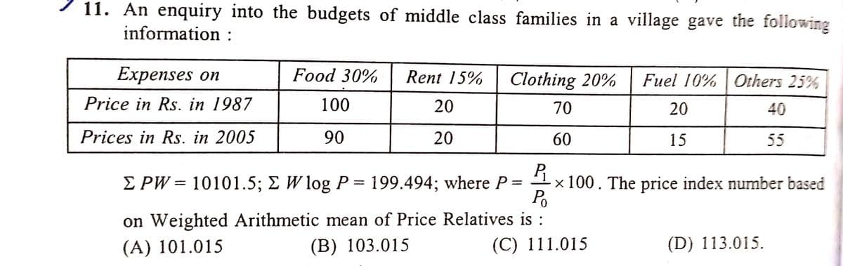11. An enquiry into the budgets of middle class families in a village gave the following
information :
Expenses on
Food 30%
Rent 15%
Clothing 20%
Fuel 10% | Others 25%
Price in Rs. in 1987
100
20
70
20
40
Prices in Rs. in 2005
90
20
60
15
55
E PW = 10101.5; E W log P = 199.494; where P =
x 100. The price index number based
%3D
Po
on Weighted Arithmetic mean of Price Relatives is :
(С) 111.015
(A) 101.015
(B) 103.015
(D) 113.015.

