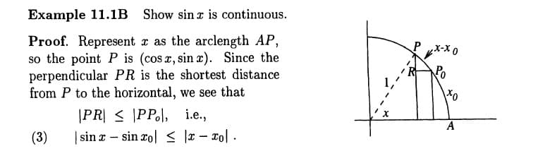 Example 11.1B Show sin r is continuous.
Proof. Represent r as the arclength AP,
so the point P is (cos r, sin x). Since the
perpendicular PR is the shortest distance
from P to the horizontal, we see that
P „X-X 0
|PR| < [PPo), i.e.,
| sin r – sin xol < lx – xo] -
A
(3)
