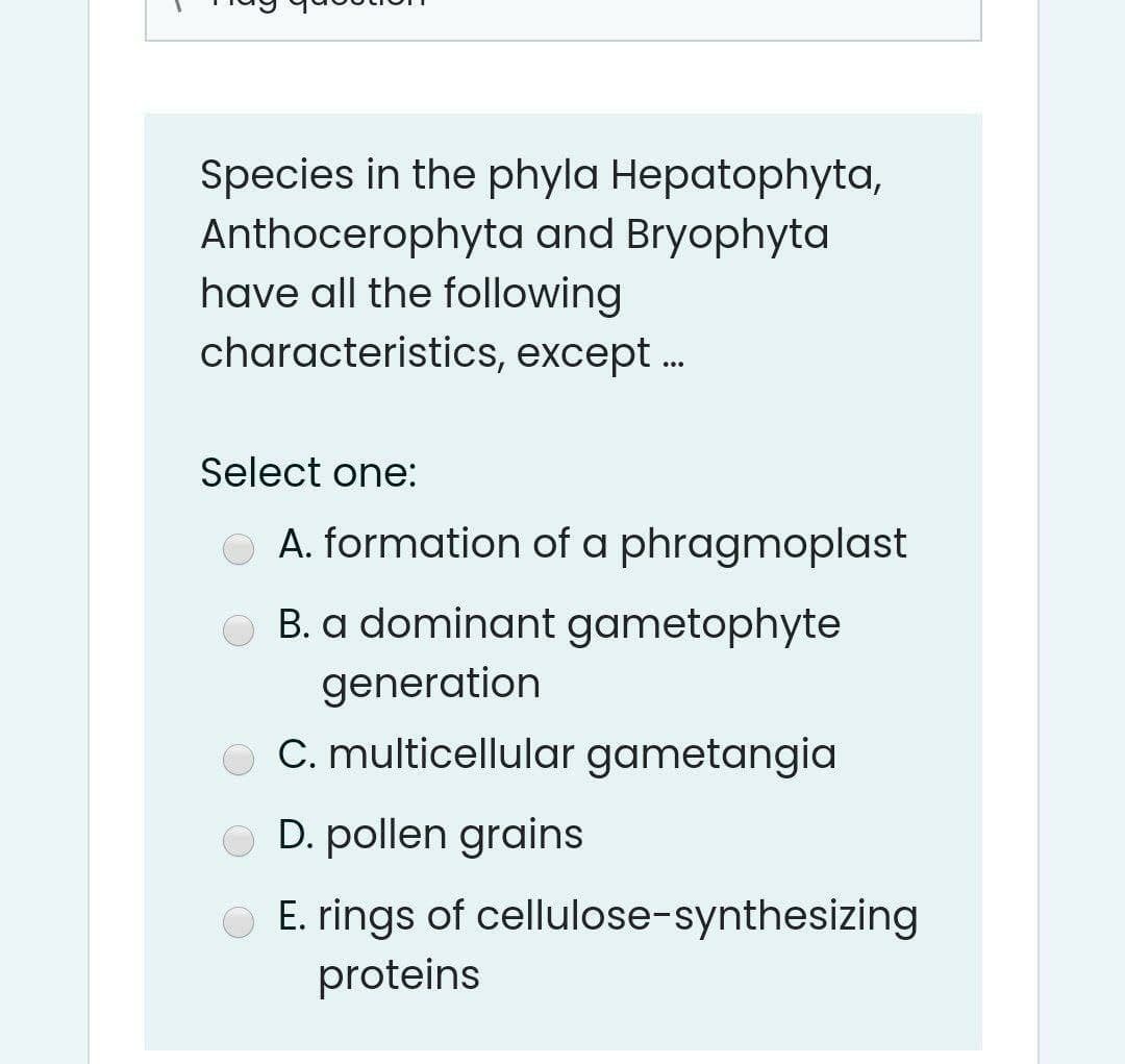 Species in the phyla Hepatophyta,
Anthocerophyta and Bryophyta
have all the following
characteristics, except .
Select one:
O A. formation of a phragmoplast
O B. a dominant gametophyte
generation
O C. multicellular gametangia
O D. pollen grains
E. rings of cellulose-synthesizing
proteins
