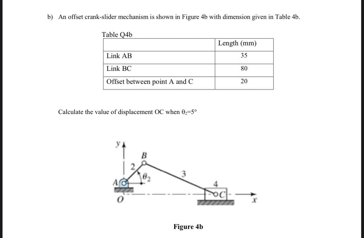 b) An offset crank-slider mechanism is shown in Figure 4b with dimension given in Table 4b.
Table Q4b
Length (mm)
Link AB
35
Link BC
80
Offset between point A and C
20
Calculate the value of displacement OC when 02=5°
A
Figure 4b
