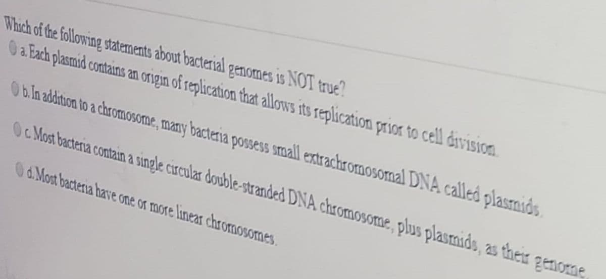 Whuch of the following statements about bacterial genomes is NOT true?
0a Each plasmid contains an origin of replication that allows its replication prior to cell division
Ob.In addition to a chromosome, many bacteria possess smmall extrachromosomal DNA called plasmids
Oc Most bacteria contain a single circular double-stranded DNA chromosome, plus plasmids, as their genome
Od.Most bacteria have one or more linear chromosomes.
