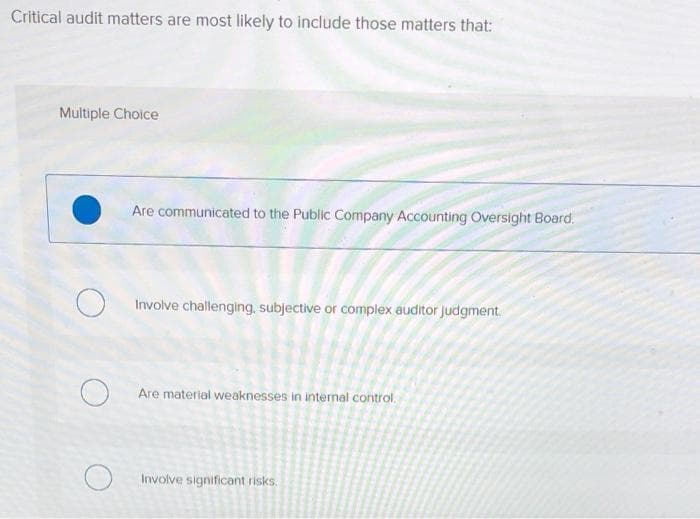 Critical audit matters are most likely to include those matters that:
Multiple Choice
Are communicated to the Public Company Accounting Oversight Board.
Involve challenging, subjective or complex auditor Judgment.
Are material weaknesses in internal control.
Involve significant risks.
