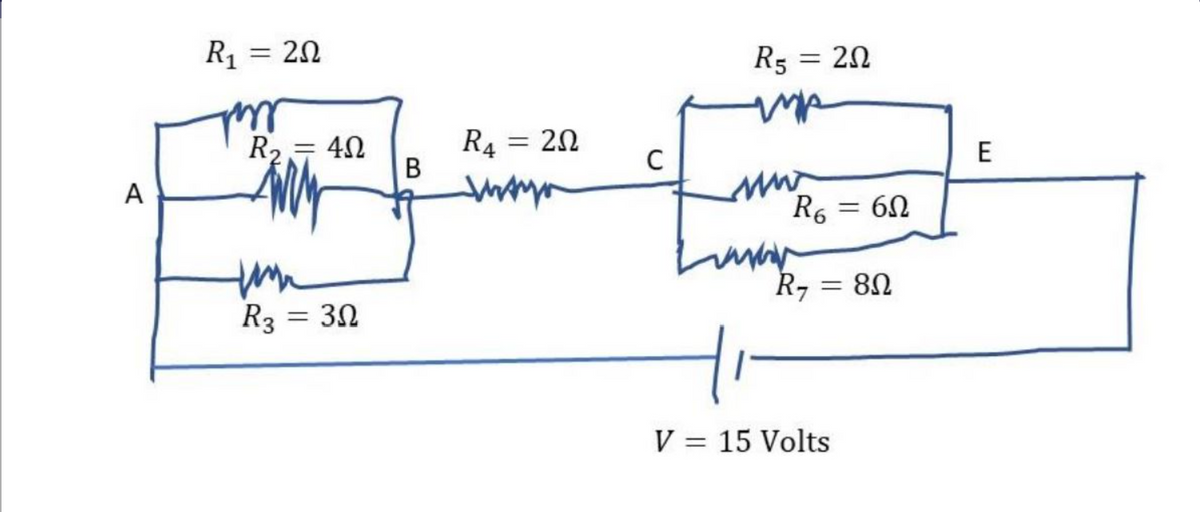 R1 = 20
R5 = 20
R4 = 20
В
R2= 40
%3D
C
E
A
R6 = 60
R, = 80
R3 = 30
V = 15 Volts
