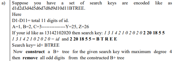a) Suppose you have
dld2d3d4d5d6d7d8d9d10d11BTREE.
a set of search keys
are
encoded like
as
Here
D1-D11= total 11 digits of id.
A=1, B=2, C=3------------Y=25, Z=26
If your id like as 13142102020 then search key: 1 31 4 2 1 0 2 0 2 0 2 20 18 5 5
1314 21 02 0 2 0 = id and 2 20 18 55 = B TREE
Search key= id+ BTREE
Now construct a B+ tree for the given search key with maximum degree 4
then remove all odd digits from the constructed B+ tree
