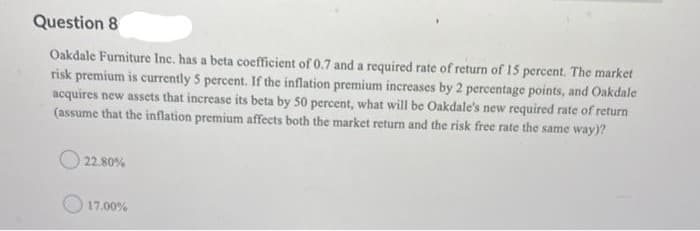 Question 8
Oakdale Furniture Inc. has a beta coefficient of 0.7 and a required rate of return of 15 percent. The market
risk premium is currently 5 percent. If the inflation premium increases by 2 percentage points, and Oakdale
acquires new assets that increase its beta by 50 percent, what will be Oakdale's new required rate of return
(assume that the inflation premium affects both the market return and the risk free rate the same way)?
O 22.80%
17.00%
