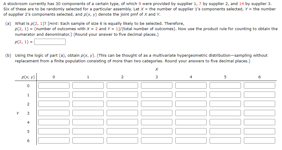 A stockroom currently has 30 components of a certain type, of which 9 were provided by supplier 1, 7 by supplier 2, and 14 by supplier 3.
Six of these are to be randomly selected for a particular assembly. Let X = the number of supplier 1's components selected, Y = the number
of supplier 2's components selected, and p(x, y) denote the joint pmf of X and Y.
(a) What is p(2, 1)? [Hint: Each sample of size 6 is equally likely to be selected. Therefore,
p(2, 1) = (number of outcomes with X = 2 and Y = 1)/(total number of outcomes). Now use the product rule for counting to obtain the
numerator and denominator.] (Round your answer to five decimal places.)
Р(2, 1) %3D
(b) Using the logic of part (a), obtain p(x, y). (This can be thought of as a multivariate hypergeometric distribution-sampling without
replacement from a finite population consisting of more than two categories. Round your answers to five decimal places.)
p(x, y)
2.
3
4
1
2
Y 3
4
