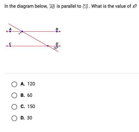 In the diagram below, AB is parallel to č0. What is the value of x?
30
A. 120
В. 60
С. 150
D. 30
